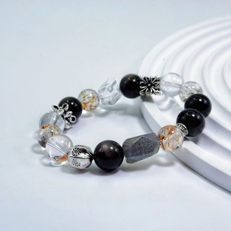 Silver Obsidian and Tourmaline Quartz Bracelet with Clear Quartz